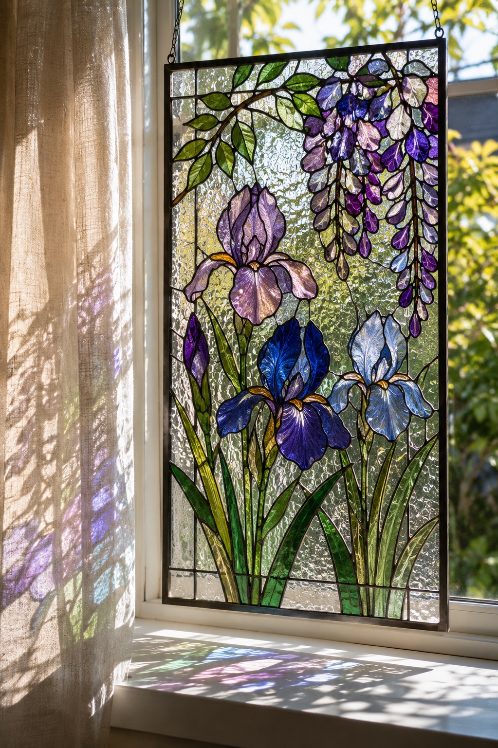 あやめと藤の花を描いた、紫・青・緑のステンドグラスパネル