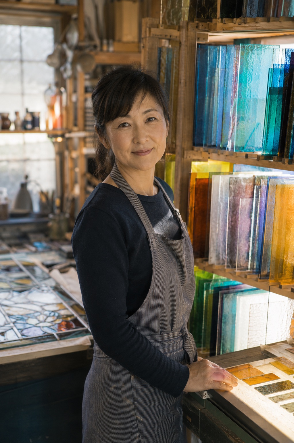 工房で、色ガラスの棚を背に立つ fenestra 代表